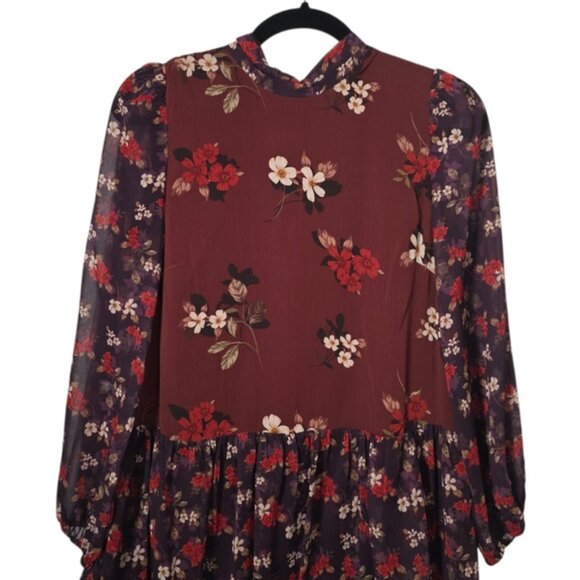 Eliza J Burgundy Floral Long Sleeve Tiered Dress Size 4 - Picture 3 of 12